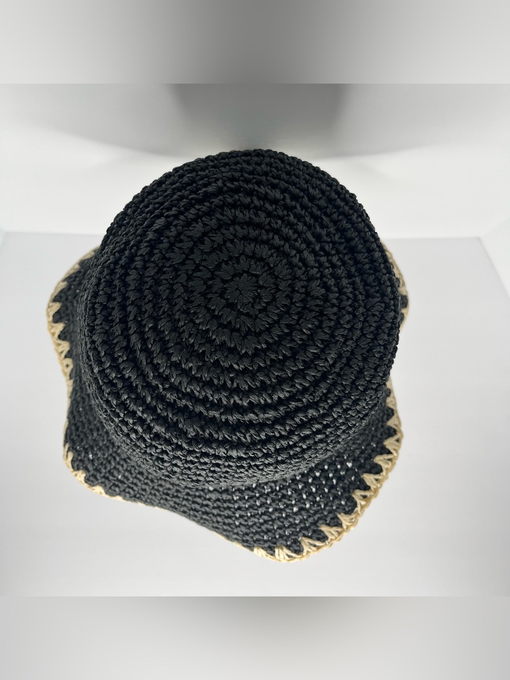 INC International Concepts Black Crochet Bucket Hat with Natural Trim - Picture 4 of 8